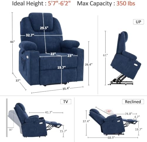 MCombo Power Lift Recliner Chair for Elderly, Lift Chair with Heat and Massage for Tall People, USB&Type C Ports, Extended Footrest, Cup Holders, Fabric 7516(Large,Admiral) - 2