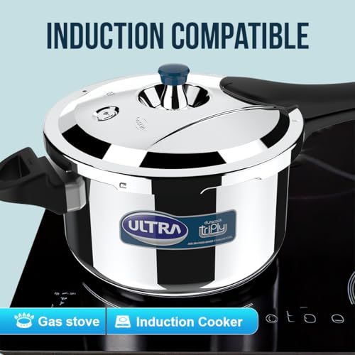 Image of Ultra Dura cook Triply 3.5 L pressure cooker,SS 304 Food Grade,'SCTS'Anti Bulging,Froth collector,Broad Base quick cooking -savesgas.Solid backelite handles,3 layered body, Induction,ISI,5 Y warranty.