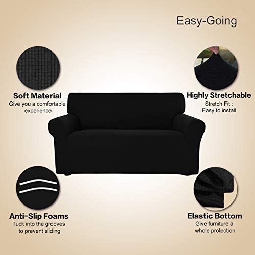 Easy-Going Stretch Sofa Slipcover 1-Piece Sofa Cover Furniture Protector Couch Soft With Elastic Bottom For Kids, Polyester Spandex Jacquard Fabric Small Checks (Sofa, Black) #TOP2