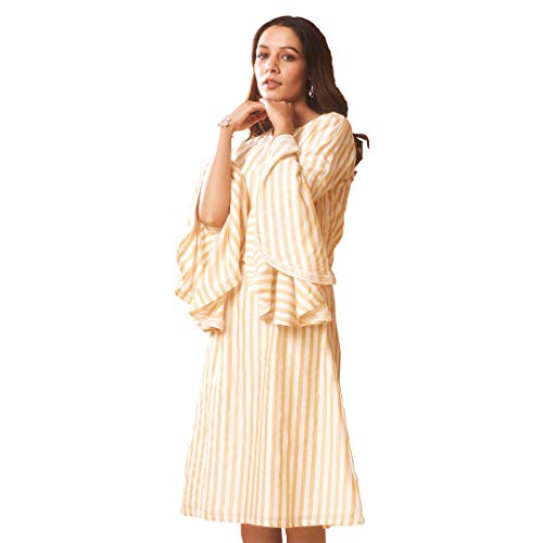 Image of DEEBACO Women's A Line /Fit & Flare Knee Length Dresses for Women Bell Sleeve Printed Striped Dress Midi for Girls Western Lace Dresses (Pink, Blue, Green, Yellow)