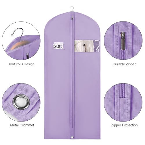 Syeeiex Kleidersack für die Aufbewahrung, 60x152 cm Atmungsaktiver Stoff, Kleidersäcke Lang für den Kleider Mäntel Abendkleider, Violett-4 Stück