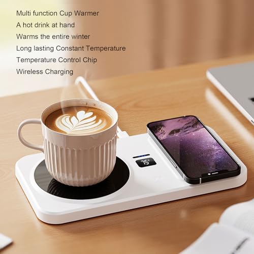 Focket Mug Warmer, Microcomputer Temperature Control Cup Warmer for Coffee Tea with Wireless Charging, Security Anti Slip Base, Intelligent Detection for Home Office