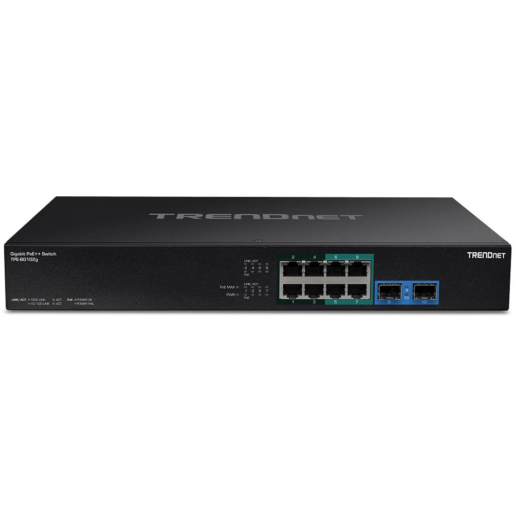 TRENDnet TPE-BG102g, 10-Port Gigabit 240W PoE++ Switch with 4 x 95W PoE++ Ports, 4 x 30W PoE+ Ports, 2 Gigabit SFP Slots,240W PoE Budget, 1U 19” Rack Mountable,Lifetime Protection