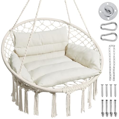 Image of Greenstell Hammock Chair, Macrame Swing Chair with Comfy Cushion, Boho Hanging Chair for Outdoor & Indoor, Perfect for Bedroom, Patio, Balcony, Hold up to 350Lbs, Beige