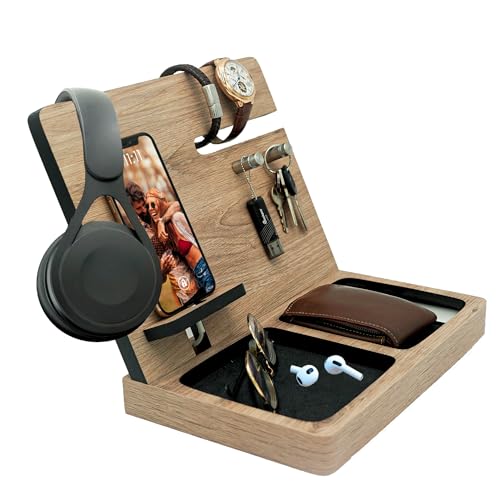 Namore | Nightstand Organizer for Men | Wood Phone Docking Station for Men, Dad, Husband Anniversary Idea | Key Holder, Wallet and Watch Organizer, Valet Tray for Dad