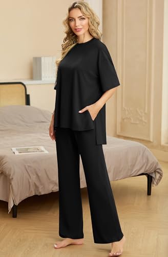 PrinStory Womens Pajamas Sets 2 Piece Lounge Set Short Sleeve Tops and Long Pants Soft Pjs Loungewear with Pockets3
