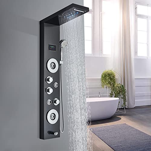 TTICCTIY Duschpaneel Schwarz LED mit 5 Dusch Funktionen Edelstahl Duschsysteme mit Regenfall Wasserfall Duschkopf Massagedüsen Handbrause Badewannenauslauf Cover