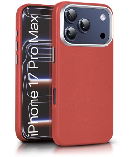 Image of WOW IMAGINE Back Cover for iPhone 17 Pro Max | Shockproof Tough Leather Texture Hard Mobile Case | Ultra Slim Non-Slip Grip | Inner Velvet Fabric | Metal Camera Ring - Crimson Red