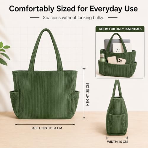 Image of Kawn Korean Tote Bag Aesthetic Corduroy Canvas Handbag for Women Zipper Casual Large Capacity Shoulder Bag with Pockets Versatile Everyday use for College Work Travel & Shopping