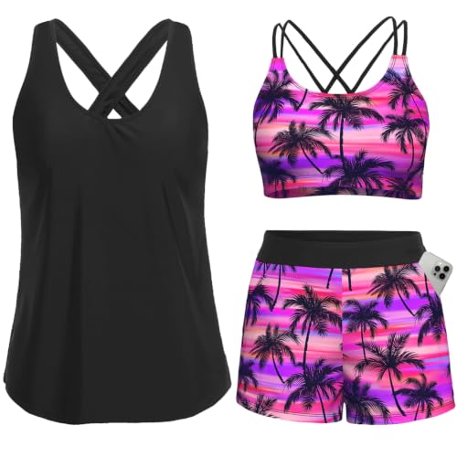 Image of Women's 3 Piece Tankini Swimsuit Tummy Control Bathing Suit with Boy Shorts