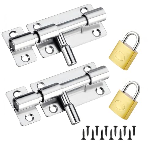 2 Stück Edelstahl Türriegel aus 304 Stahl Schwarzer Sicherheitsriegel mit Schiebeschloss & Bolzenriegel, inkl 12 Montageschrauben Kleinem Riegelschloss für Garten, Lagerhaus, Fenster (silvery)