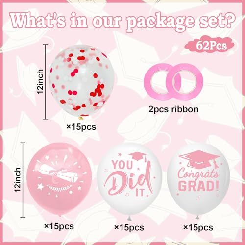 Image of Graduation Decorations 2026 - Graduation Balloons 62pcs 12 Inch Pink White Grad Print Latex Confetti Balloons for College High School Class of 2026 Congrats Grad Party Decor Supplies (Ribbon)