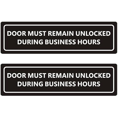 (2 PACK) This Door To Remain Unlocked During Business Hours Sign, Self-adhesive Waterproof Aluminum Metal Signs for Indoor Outdoor Use (7x2 inch, Black) Cover