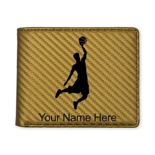 LaserGram Faux Leather Bi-Fold Wallet, Basketball Slam Dunk Man, Personalized Engraving Included (Carbon Fiber Gold)