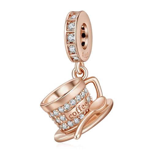Rimgoris Plata de ley 925 Charm para mujeres pulseras collar Taza de café de oro rosa colgante Charms Mujeres Pulsera Charm Regalo