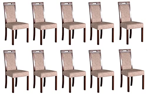 GREKPOL - Set 10 aus Esszimmerstühlen, Sitz und Rückenlehne gepolsterter Stoff Velurs Stuhlen, Polsterstuhl mit hoher Rückenlehne, Massivholzbeine - Roma 5 (Nuss+Stoff BEIGE 18A, 10-Er Set) Cover