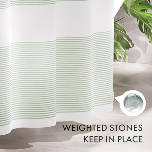 Image of AmazerBath Shower Curtain, Washable Cloth Sage Green with 12 Shower Curtain Hooks, Fabric Green and White Striped Set, Farmhouse Bathroom Shower Curtain, 72x72 Inches