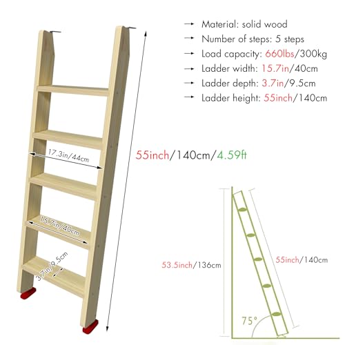 Image of 50 inch 55 inch 60 inch Black Wood Bunk Bed Ladder, Lofted /Dorm /RV Bed Bunkbed Ladders with 4in Extra Wide Steps and Non-Slip Pads, Replacement Wooden Ladder for Motorhome /Camping (Wood Color, 55in /140cm)