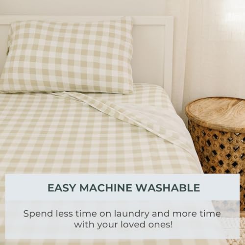 Image of Pobibaby Twin Sheet Set Kids, 3-Piece, Cotton Blend (Gingham Khaki) | Kids Bed Sheet Set, 3-Piece, Fitted Sheet, Flat Sheet, Pillowcase, Cotton Blend, Deep Pockets, Soft, Machine Wash, Seasons