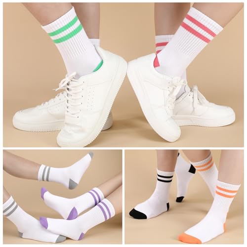 Jspupifip 6 Pairs Striped Crew Socks for Women, Splicing Color Athletic Sports Running Socks, Soft Breathable Calf Tube Sock3