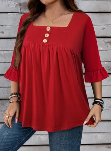 Plus Size Womens Blouses 3/4 Flutter Sleeve Square Neck Tunic Shirts Button Business Work Fall Tops 2025(XL-5XL)