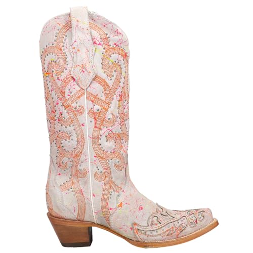Corral Boots Womens Fluorescent Embroidered Tooled Inlay Studded Snip Toe Casual Boots Mid Calf Mid Heel 2-3