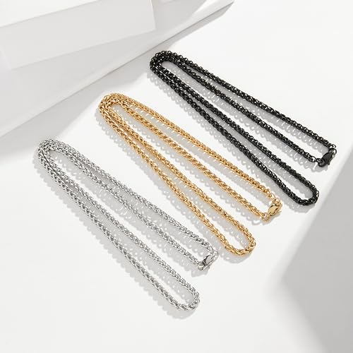 3 Pcs Men Women Chain Necklace, 4mm Stainless Steel Gold Black and Silver Wheat Chains, 18"/22"/26"/30 Inches3