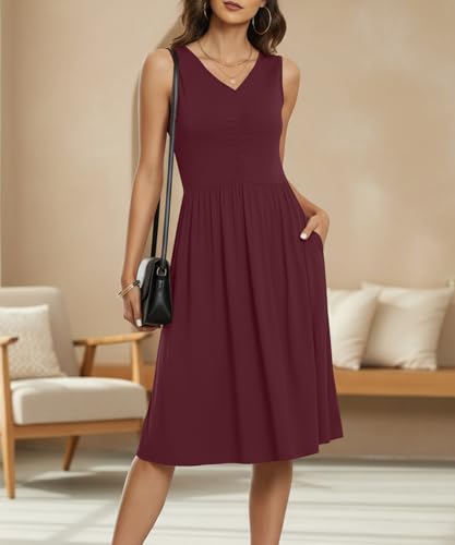 Image of NILOUFO Sleeveless Dress for Women Summer Knee Length Sundress with Pockets | Sundresses for Women Tank Empire Waist Sun Dress Cold Shoulder Casual V Neck Midi Dress Flowy Summer Dresses for Women