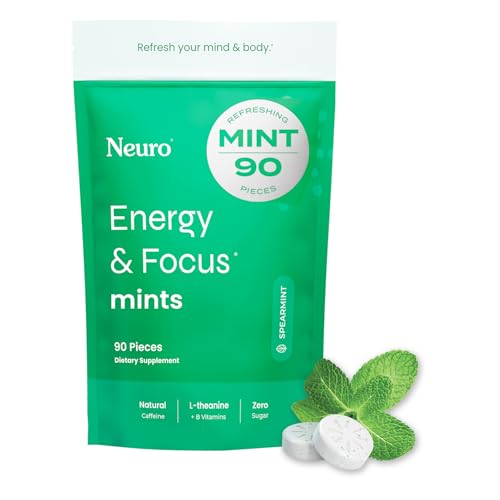 NeuroGum Energy & Focus Mints (Spearmint, 90 Pieces) | 40mg Natural Caffeine + L-Theanine + Vitamin B12 & B6 | Sugar Free Nootropic Cognitive Brain Performance Supplement