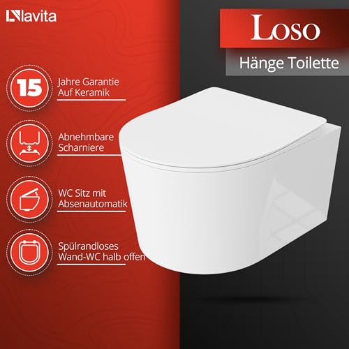 LAVITA Wand-WC Loso Hänge Toilette Toilettendeckel mit Absenkautomatik & Metallscharniere Toiletten Spülrandlos Hängend Toilettenbecken 360x450x350 mm Weißer Glanz – Bild 3