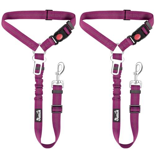 Image of SlowTon Dog Seat Belt for Car, 2 Pack Dog Car Harness Seatbelt with Bungee | 2 in 1 Pet Car Leash Headrest Restraint & Dog Safety Tether Clip, Adjustable with Elastic Buffer, Reflective, Fushia M /L