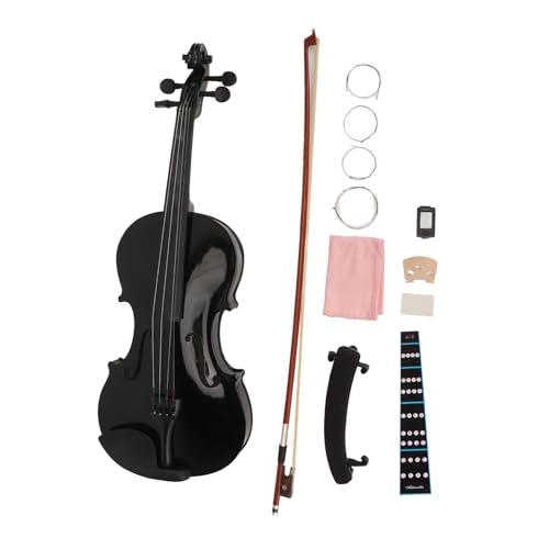 4/4 Acoustic Violin Set, Beginner Vintage Solid Wood Starter Kit with Rosin Shoulder Rest Strings Bow Fingerboard Sticker for Students Home Practice School Lessons Music Enthusiasts (Black)