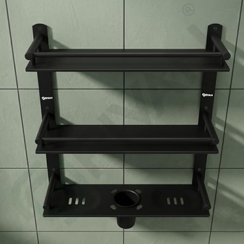 Image of GRIVAN Stainless Steel 3-Tier Bathroom Accessories Set - Heavy Duty Bathroom Shelves with Dual Soap Holder, Toothbrush Holder & Tumbler | Wall Mounted Bathroom Organizer