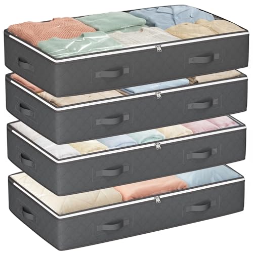 Budding Joy 90L Under Bed Storage Containers, Closet Organizers and Storage Bins, Foldable Underbed Storage Bags for Linen Sheets, Blanket, Clothing, Comforter, Sweaters, Pillows, Wrapping Paper, Grey