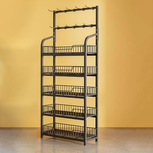 Freestanding Metal Grocery Shelf, 5 Layers Snacks Drinks Candy Chips Organizer Display Stand for Supermarket Convenience Store Concession Gas Station with 10 Hooks ( Color : Black , Size : 60x27x166cm