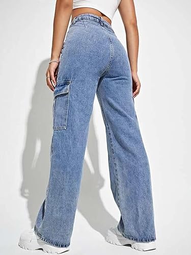 Image of KOTTY Women's Solid High Rise Relaxed Fit Cargo Jeans (Blue,S) KTTLADIESJEANS2461S