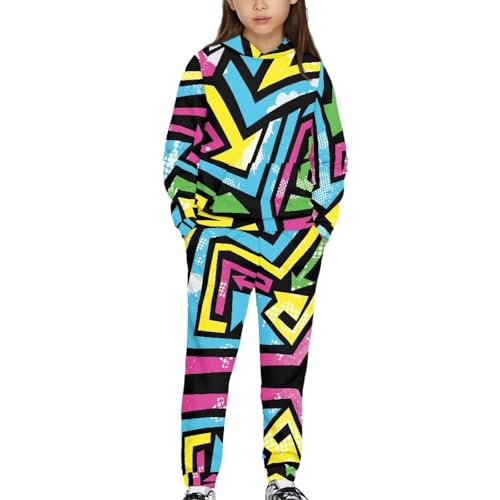 YECARYPOD Colorful Geometric Girls Boys Clothes Fall Outfits 2 Piece Sweatsuit Kids Tracksuit Oversized Sweatshirt and Fall Fashion Sweatpant with Pockets Children's Sportswear
