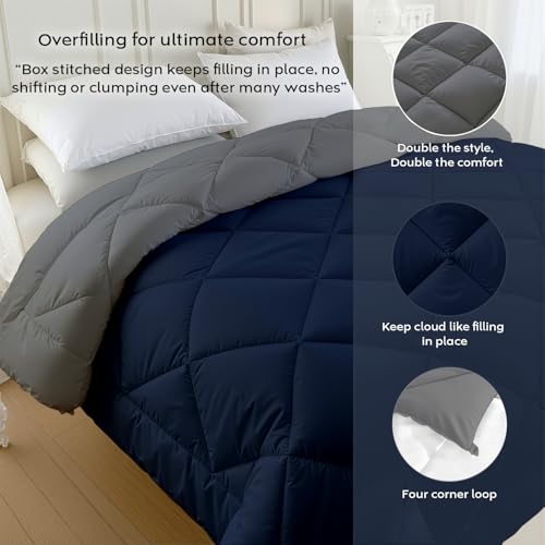 Image of AYKA Reversible AC Comforter 150 GSM Lightweight Microfiber Summer Blanket for Single Bed (60x90 Inches) | Soft Cooling Quilt, Breathable All Season Duvet for AC Room | Navyblue & Grey