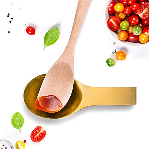Styled Settings Gold Spoon Rest for Stove Top with Bonus Wood Spoon – Stainless Steel Spoon Rest for Stove - Farmhouse Spoon Rest: Golden Ladle Holder - Kitchen Accessories Gold