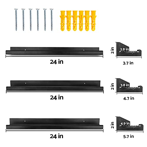 Annecy Floating Shelves Wall Mounted Set Of 3, 24 Inch Black Rustic Wood Shelves For Wall, Wall Storage Shelves With Guardrail Design For Bedroom, Bathroom, Kitchen, Office, 3 Different Sizes #TOP1