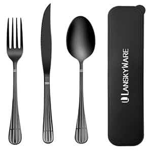 Portable Utensils Set with Case,18/8 Travel Stainless Steel Spoon and Fork Set with Case, Spoon and Fork Set for Lunch Box, 3 PCs Steak Knife,Fork,Spoon for Travel Camping Office,Dishwasher Safe