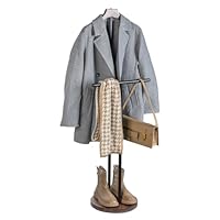 MyGift Modern Garment Valet Stand with Rustic Burnt Solid Wood Coat Clothes Hanger, Round Wooden Base, and Industrial Matte Black Metal Bag Holder for Women