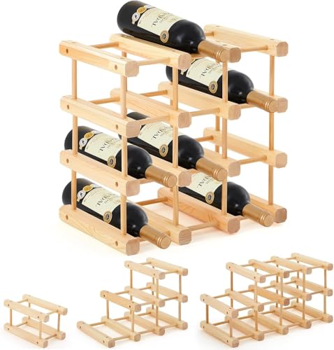 SOONHUA Countertop Rack, Wooden Rack 4 Tiers Stackable Bottle Holder for 12 Bottles, Space- Saving Countertop Storage Shelf for Kitchen, Restaurant, Bar