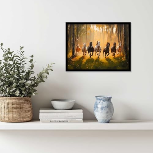 Image of HOTHOUSE 7 Horses Vastu Frame Wall Art Painting for Living Room Bedroom Office Home Decor | Seven Running Vastu Lucky Horse Rising Sun Painting Wall Decor Size (10X13 inch)