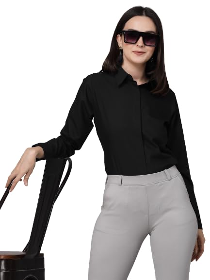 Image of Style Quotient Women Black Cotton Blend Formal Long Sleeve Shirt