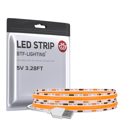 BTF-LIGHTING FCOB USB Powered Orange Color COB LED Strip Lights 3.28FT 320LEDs 5V 8mm Width 90+ High CRI Ultra Bright Flexible Light for TV Backlight Display Cabinet PC DIY Decor