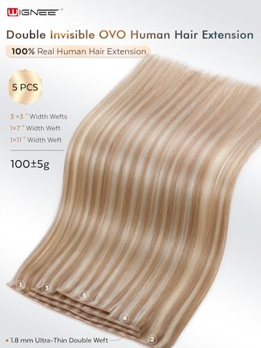 WIGNEE Butterfly Weft Human Hair Extensions Strawberry Highlight Blonde Hair Extensions Real Human Hair 18 Inch Genius Double Weft Human Hair Extensions Glueless and Seamless for Thin hair(18/60A)