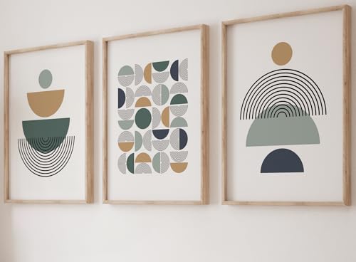 Image of Eviepops Prints Misty Blue Geometric Set of 3 Unframed Wall Print, Abstract Geometric Shapes, Home Decor, Mid Century Modern Wall Art, Blue Green Beige (A3)