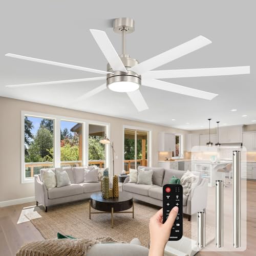 Image of Conciseer 72 Inch Ceiling Fans with Lights and Remote for Bedroom Living Room Kitchen Library Cafe Outdoor /Industrial Use, 3CCT Dimmable, 8 Blades 6 Speed Reversible Quiet DC Motor, Sand-nickel /White
