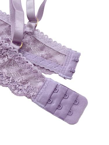Image of Lilosy Sexy Leaf Floral Embroidered Mesh Sheer Belt Women Underwire Push Up Lingerie Set See Through Bra Panty 3 Piece Bloom Lilac Purple Large